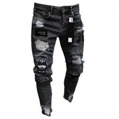 White Embroidery Skinny Ripped Jeans Men Cotton Pants