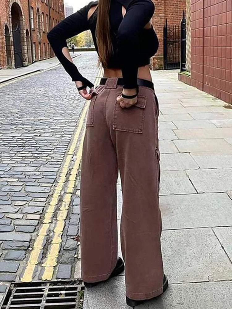 Women Wide Leg Baggy Brown Jeans Lady Vintage Y2K Punk High Waist Loose Denim Cargo Pants Streetwear Pockets Oversized Trousers