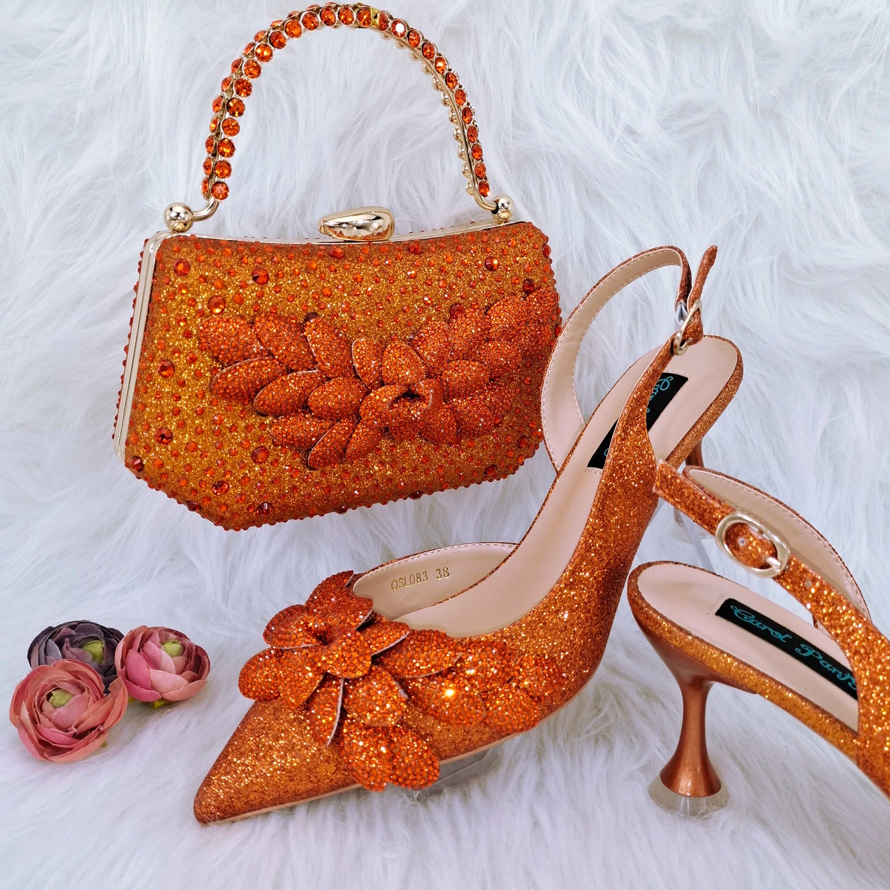 Handmade Garland Gag and Shoes Pointed Toe Pumps Crystal Handle Clutch