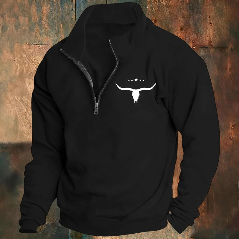 Men's Long-Sleeved Sweatshirt Autumn Winter Fleece European American Style Half-Zipper Stand-Up Collar Solid Color Bull Head Pri