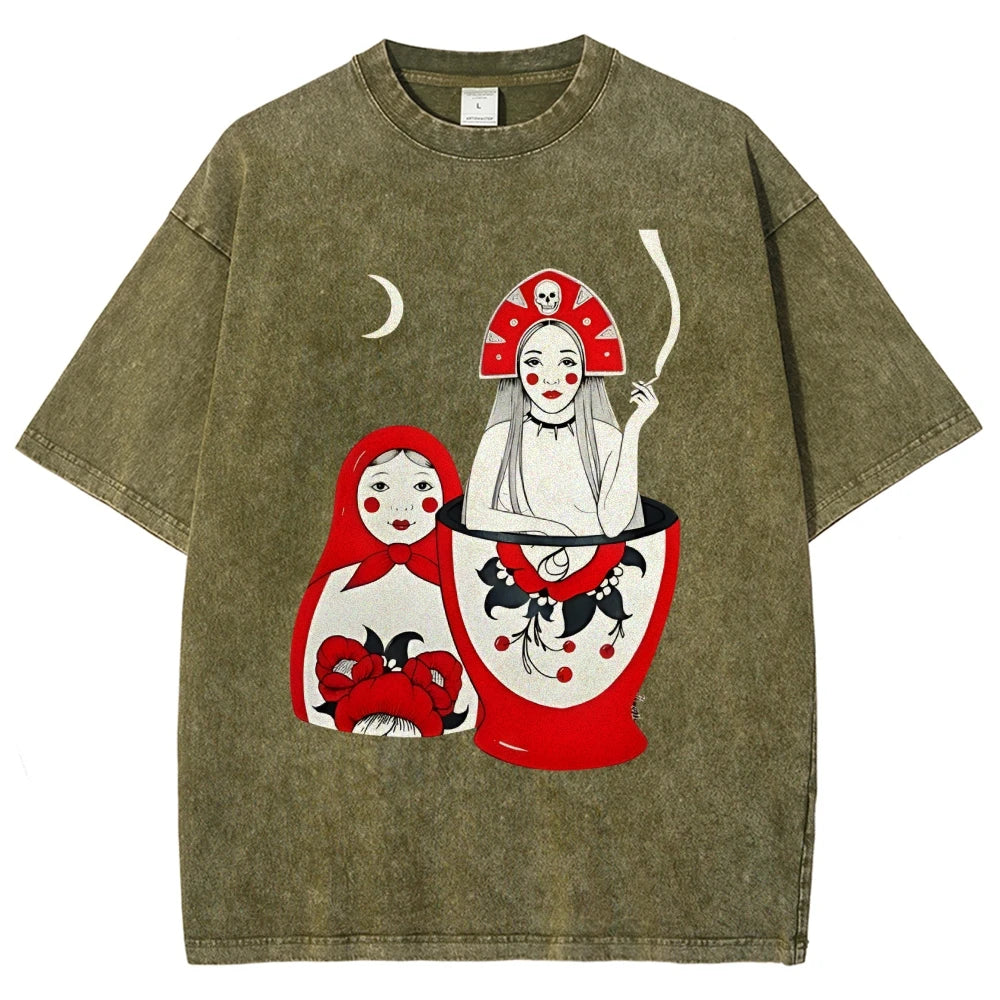 Russian Doll Pattern, Cute Style, Y2k Graphic Tee, Women's Oversized T-Shirt, Cute Hand-Painted Bunny, Korean Style Art, Summer