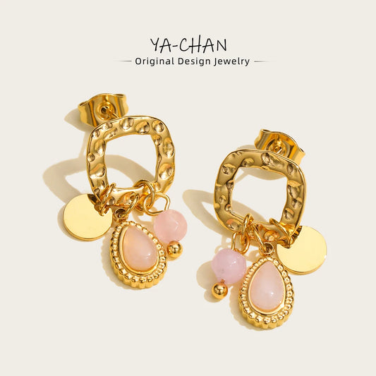 Gold Plated Stainless Steel Natural Stone Drop Earrings for Women