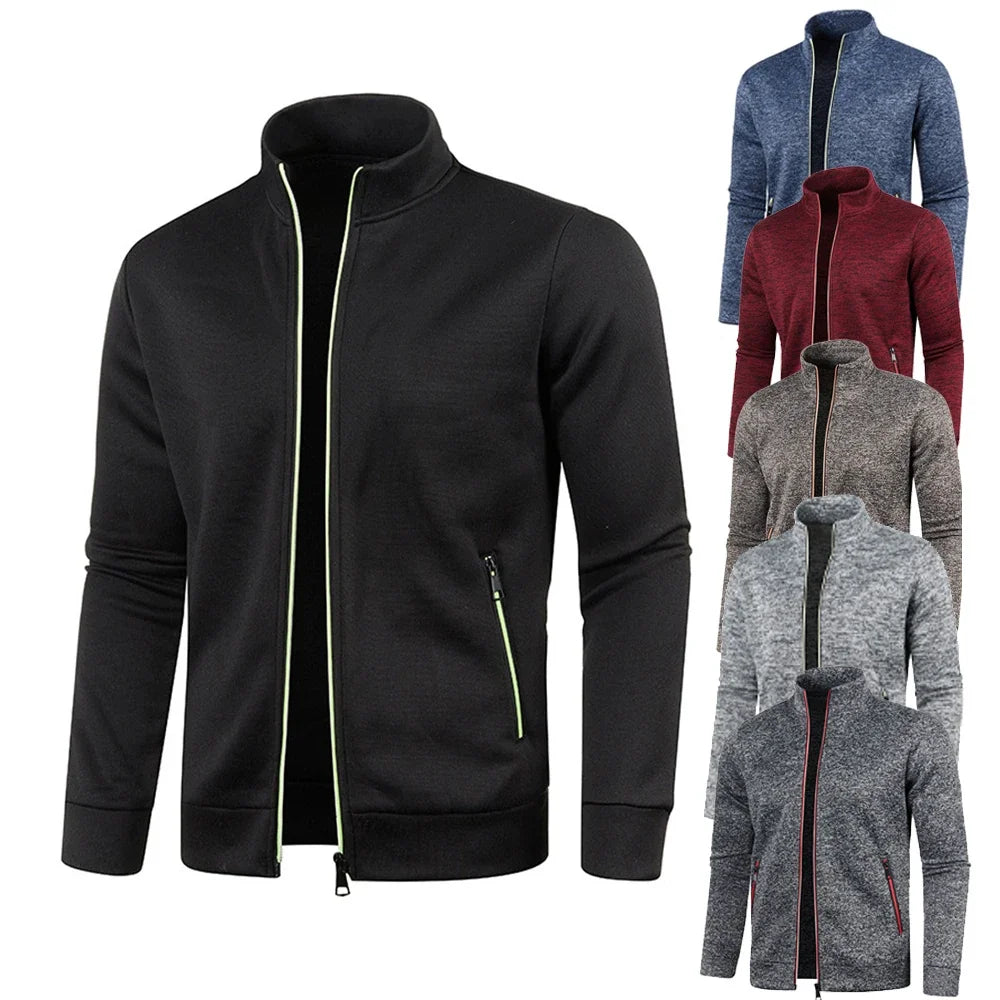 Men's Cardigan Zipper Hoodies Black Green Gray Contrasting Colors Jackets Fashion Casual High Stand Sweatshirts Coats Sportwear