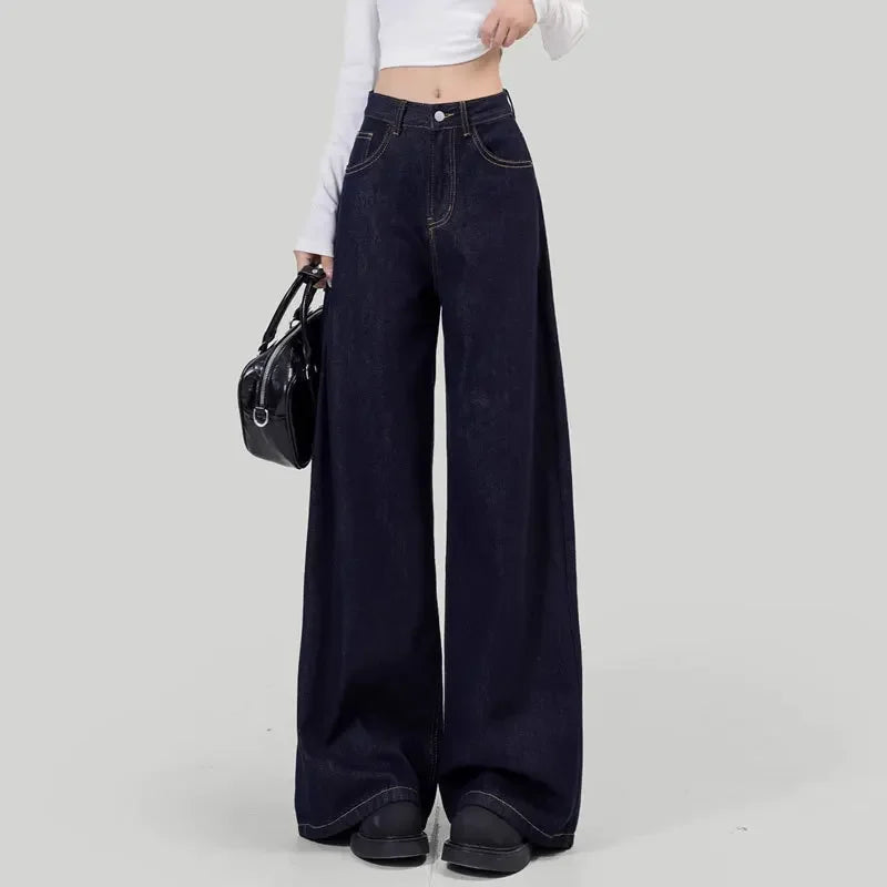 Women's Loose-Fit Jeans High-Waisted Straight-Leg Niche Draped Lazy Walking Wide-Leg Long Pants Deep Blue Autumn Season