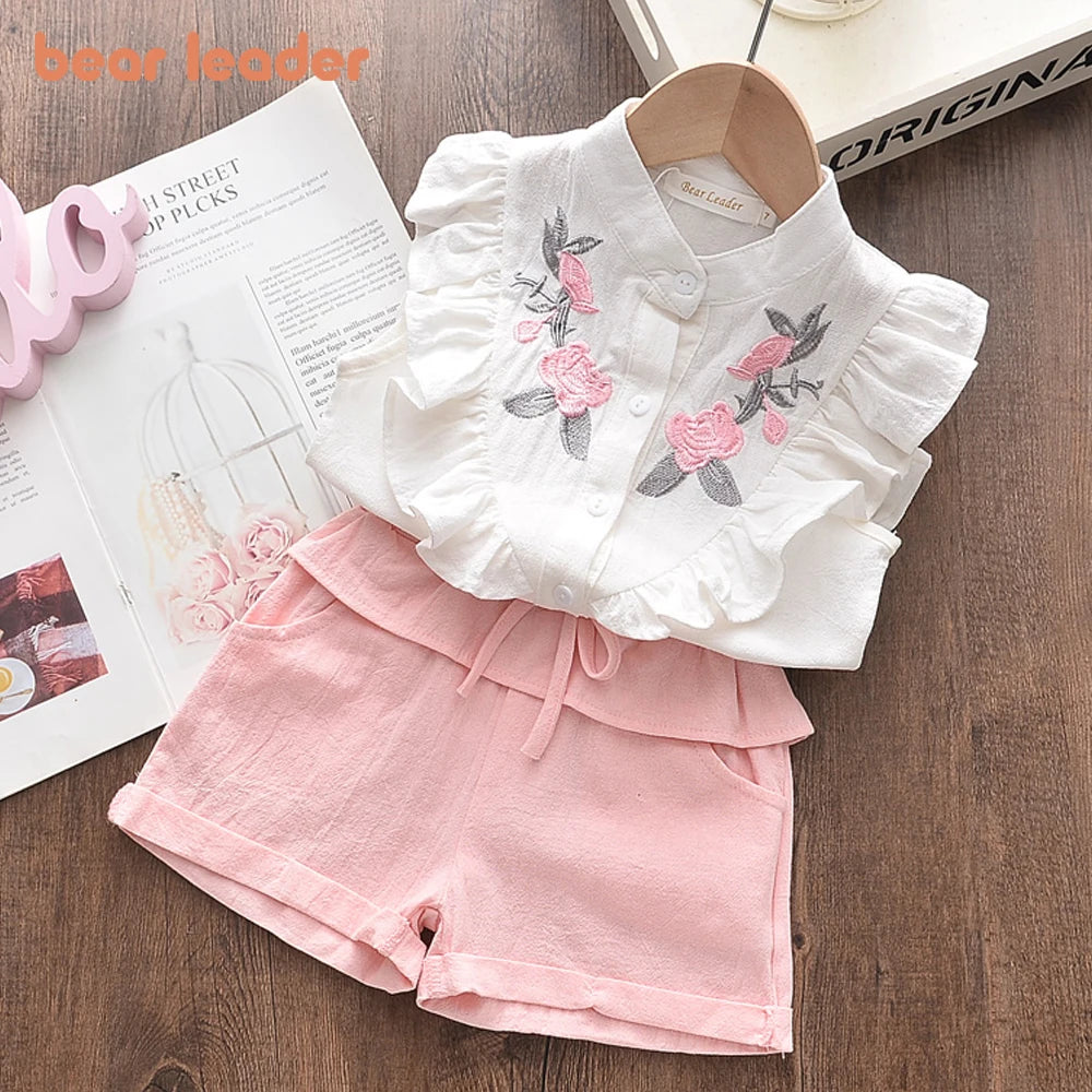 Casual Girl's Embroidered Sleeveless Shirt+Shorts