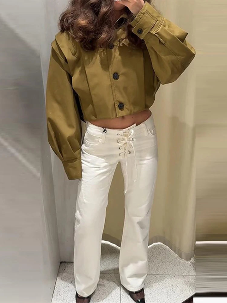 Drawstring Jeans Women Loose White Lace Up Pockets Low Waist Straight Long Pants 2025 Autumn Casual New Fashion Lady Streetwears
