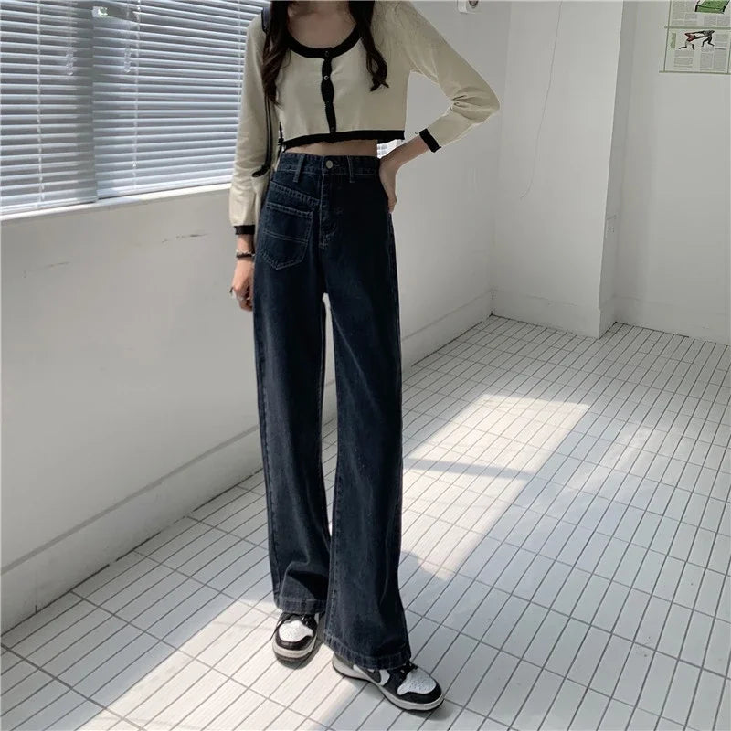 Autumn Spring Jeans Women Denim Pants  Vintage Straight Trousers Fashion Female Solid Pocket Casual Jeans Wide Leg Pants