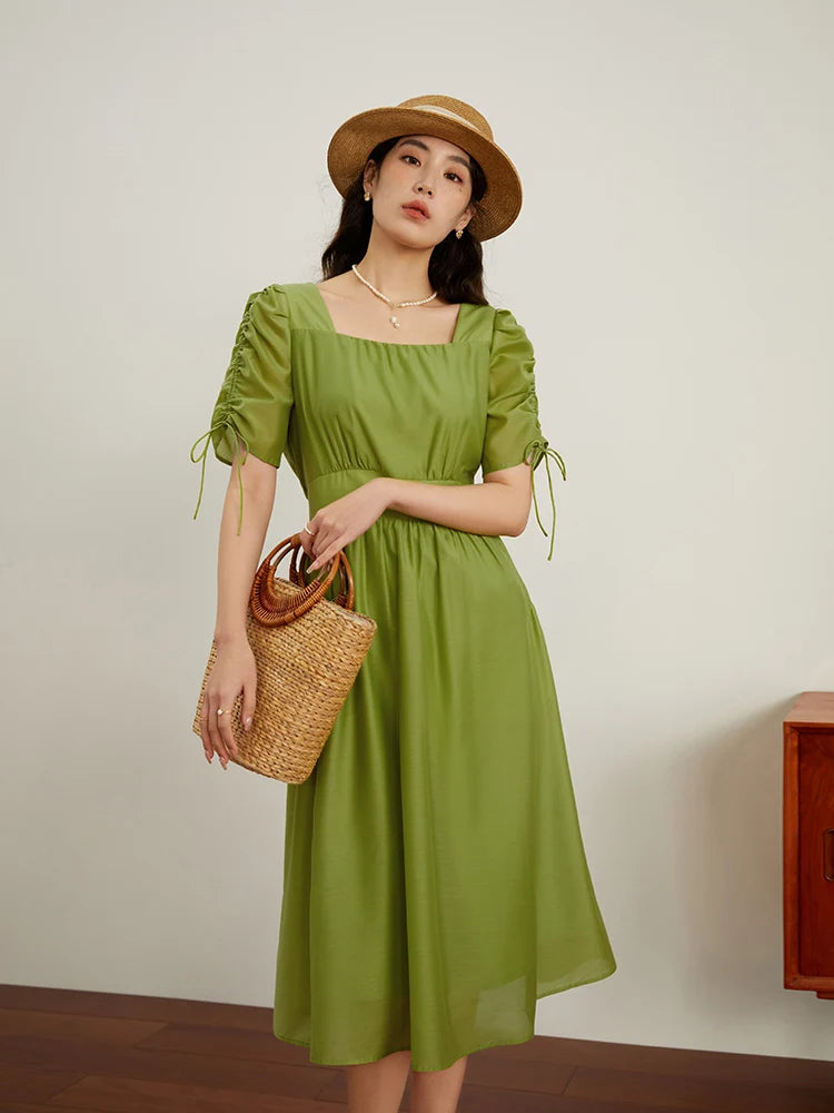 DUSHU French Vintage Tie Waist Dress Summer 2023 New Fresh Dress For Women Green Black Women Hight Waist Dress For Women
