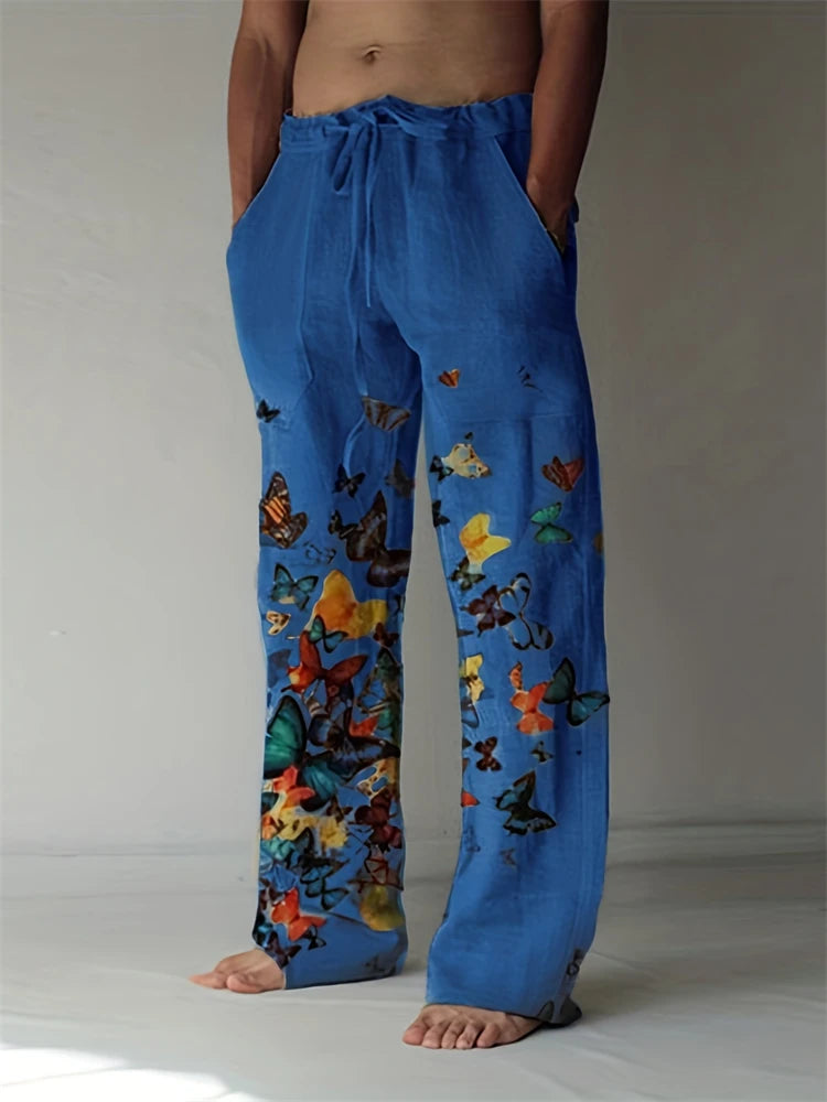 Vintage Men's Summer Straight Pants Comfortable And Breathable Cotton Linen Casual Pants Men's Butterfly Print Large Linen Pants
