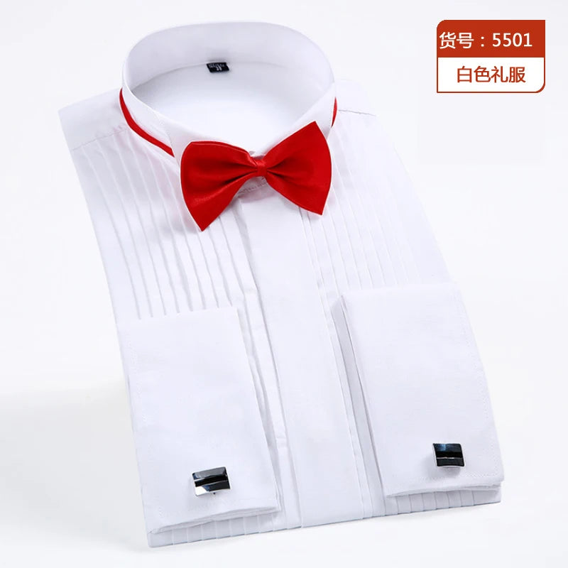 New dovetail stand collar wedding dress men's long sleeve shirt French buckle event performance solid color shirt send bow tie