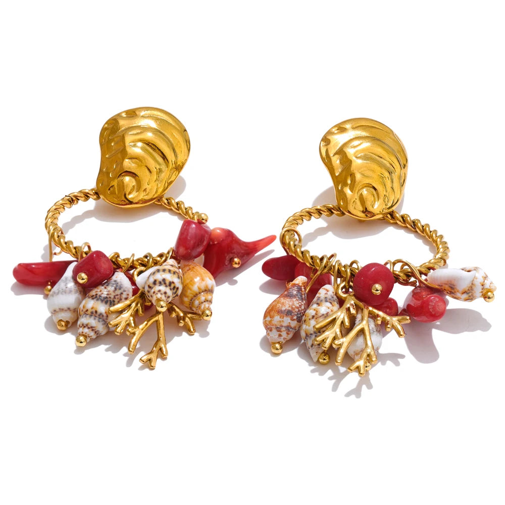 Ocean Holiday Red Natural Stone Shell Dangle Earrings