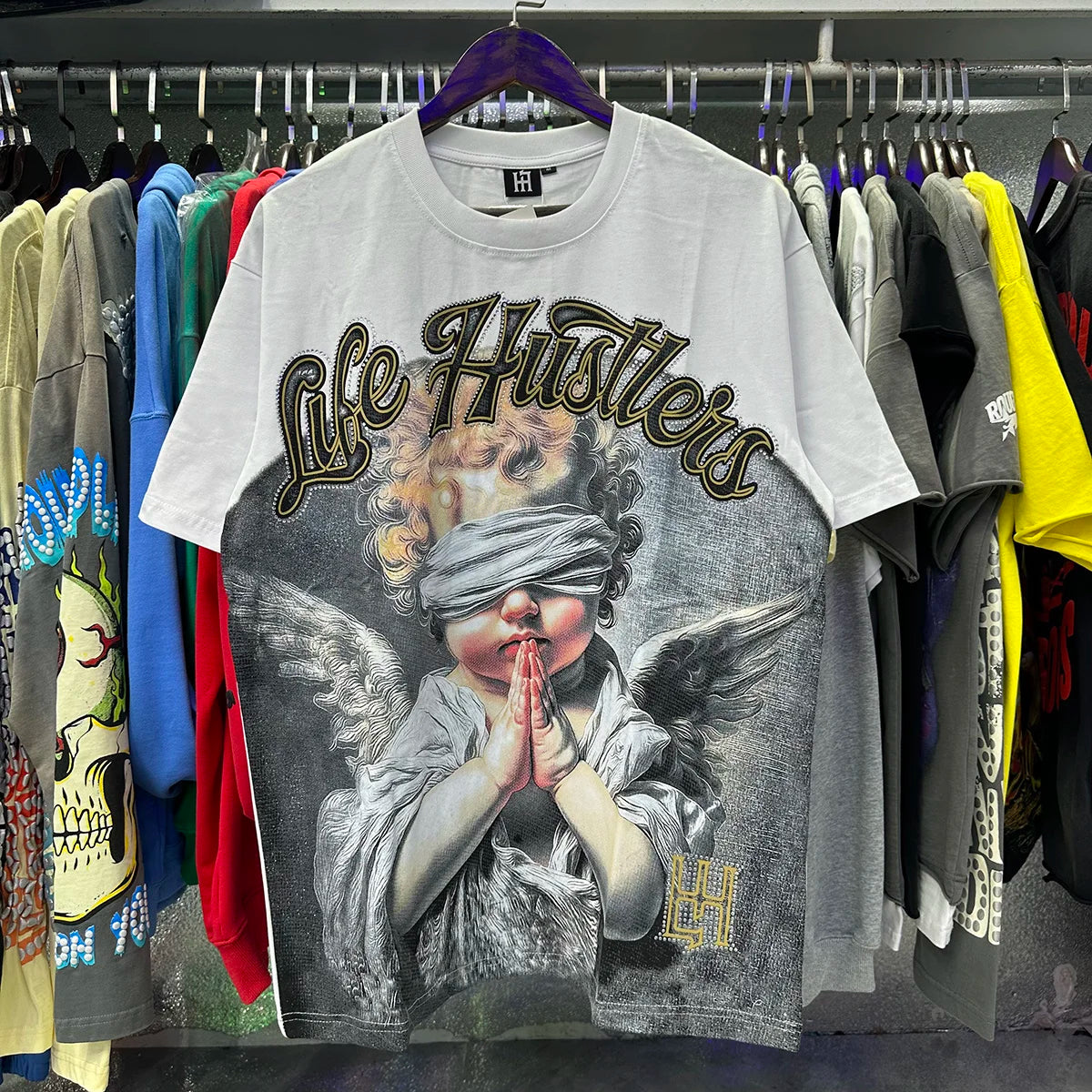 Masked Angel Shooting Arrows Diamond Cotton Short Sleeve Tshirts for Men and Women Crew Neck Loose Summer T-shirt Oversized Tees