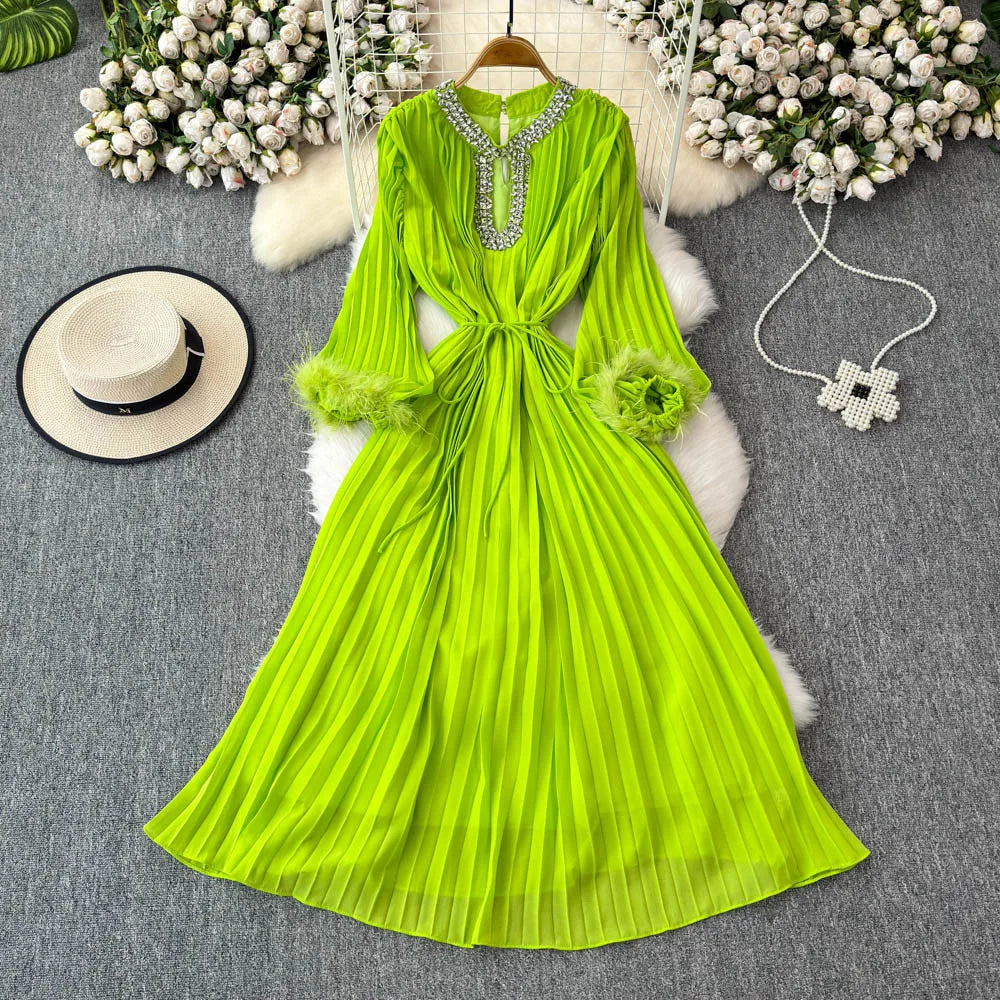 Crystal Loose Full Sleeve Maxi Pleated Chiffon Dress For Women