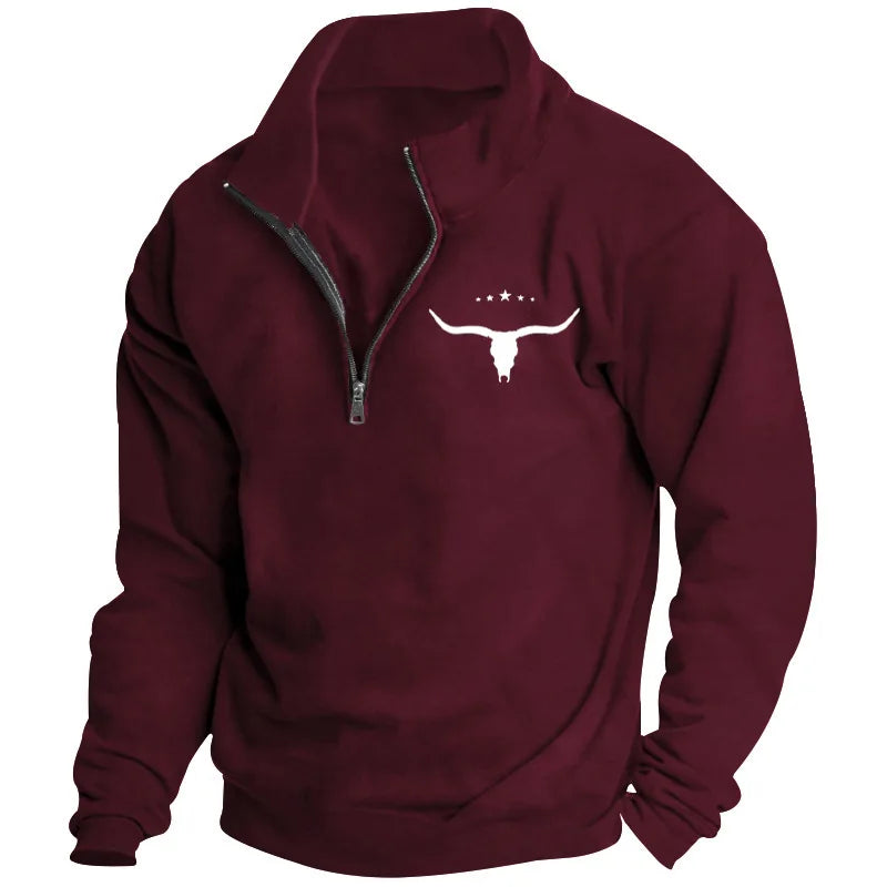 Men's Long-Sleeved Sweatshirt Autumn Winter Fleece European American Style Half-Zipper Stand-Up Collar Solid Color Bull Head Pri