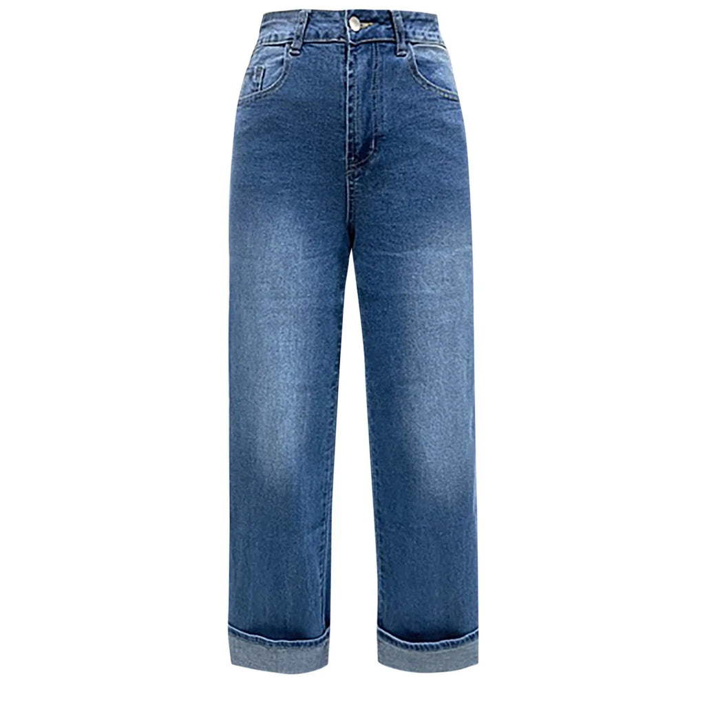 Women'S Casual Blue High Waist Wide Leg Straight Jean Pants New Trendy Loose Versatile Edge Curl Jeans Lady Commute Chic Pant