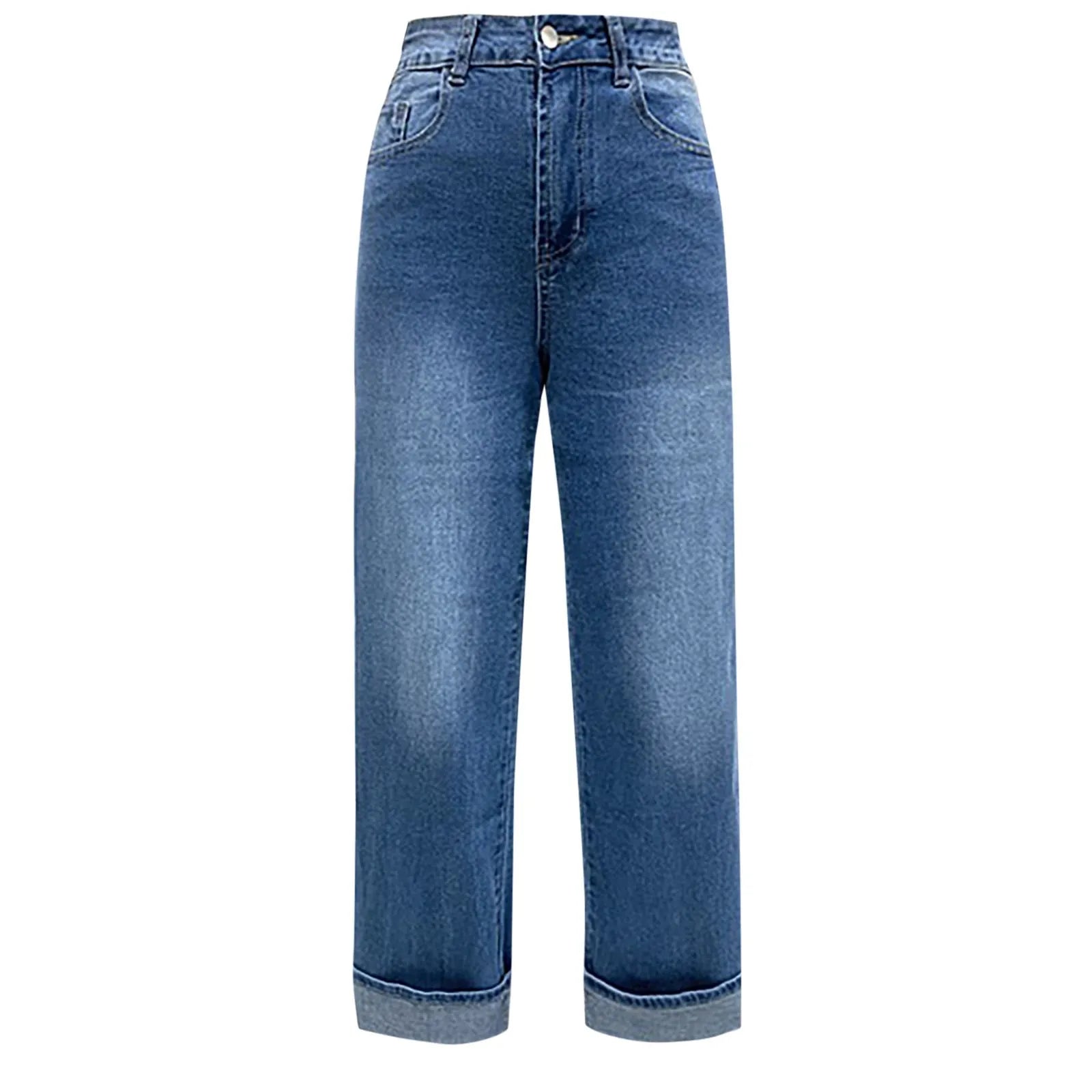 Women'S Casual Blue High Waist Wide Leg Straight Jean Pants New Trendy Loose Versatile Edge Curl Jeans Lady Commute Chic Pant