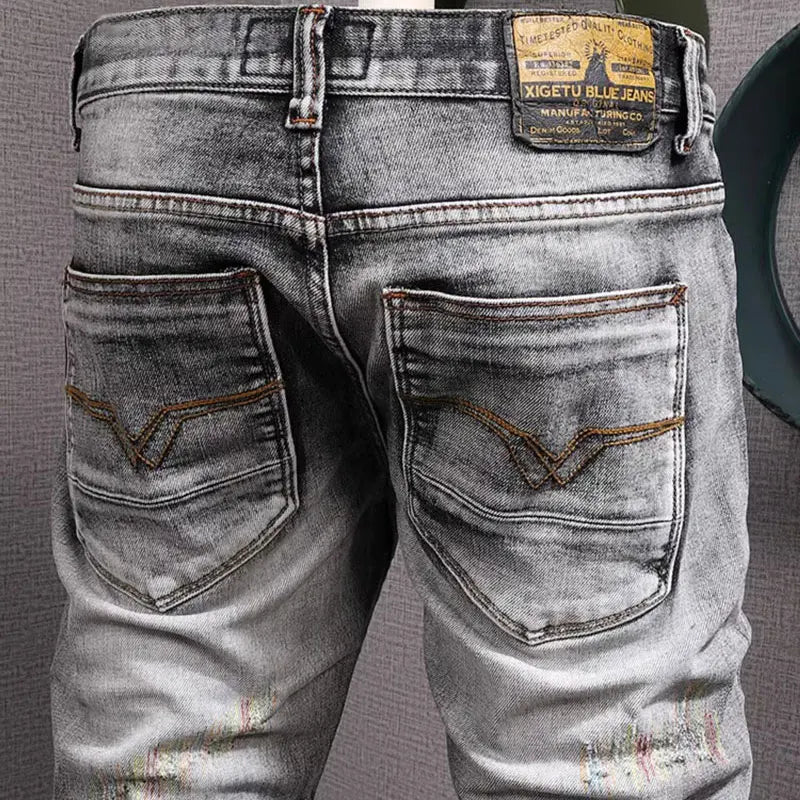 Men Jeans High Quality Retro Gray Stretch Slim Fit Ripped Jeans