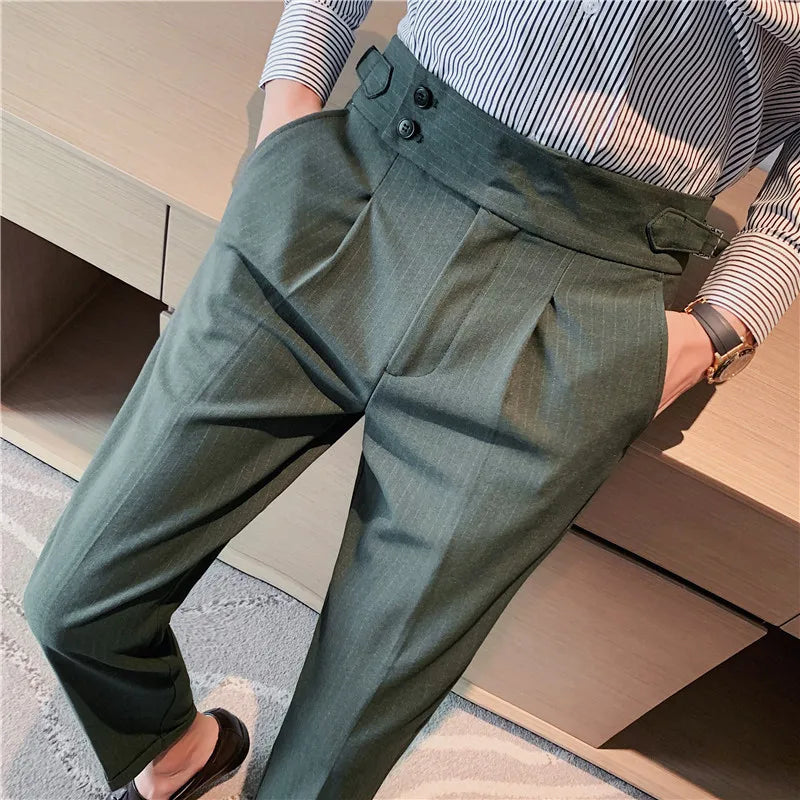 Men High Waist Casual Dress Pant Men Belt Design Slim Trousers