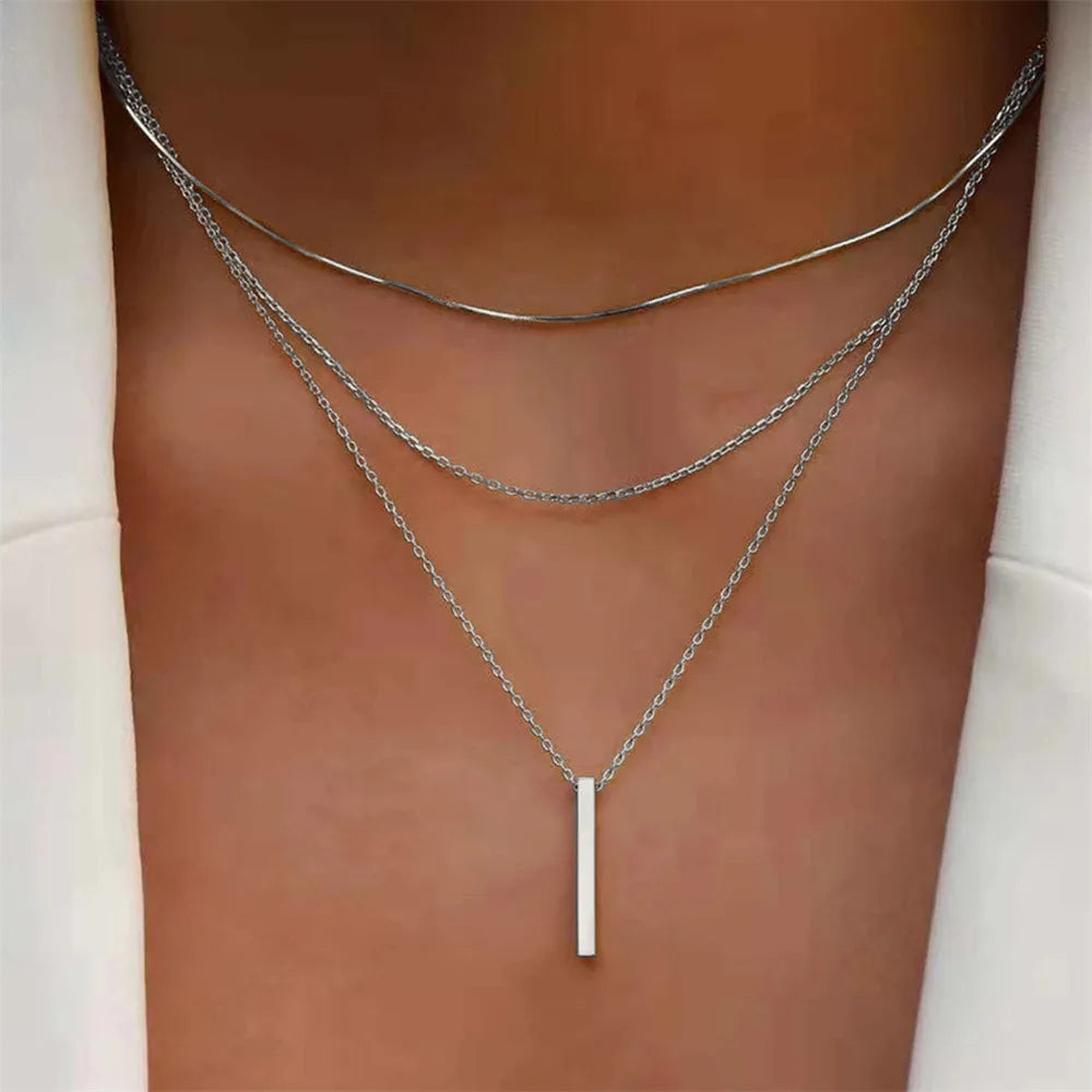 Vintage Layered Metal Bar Pendant Necklace for Women
