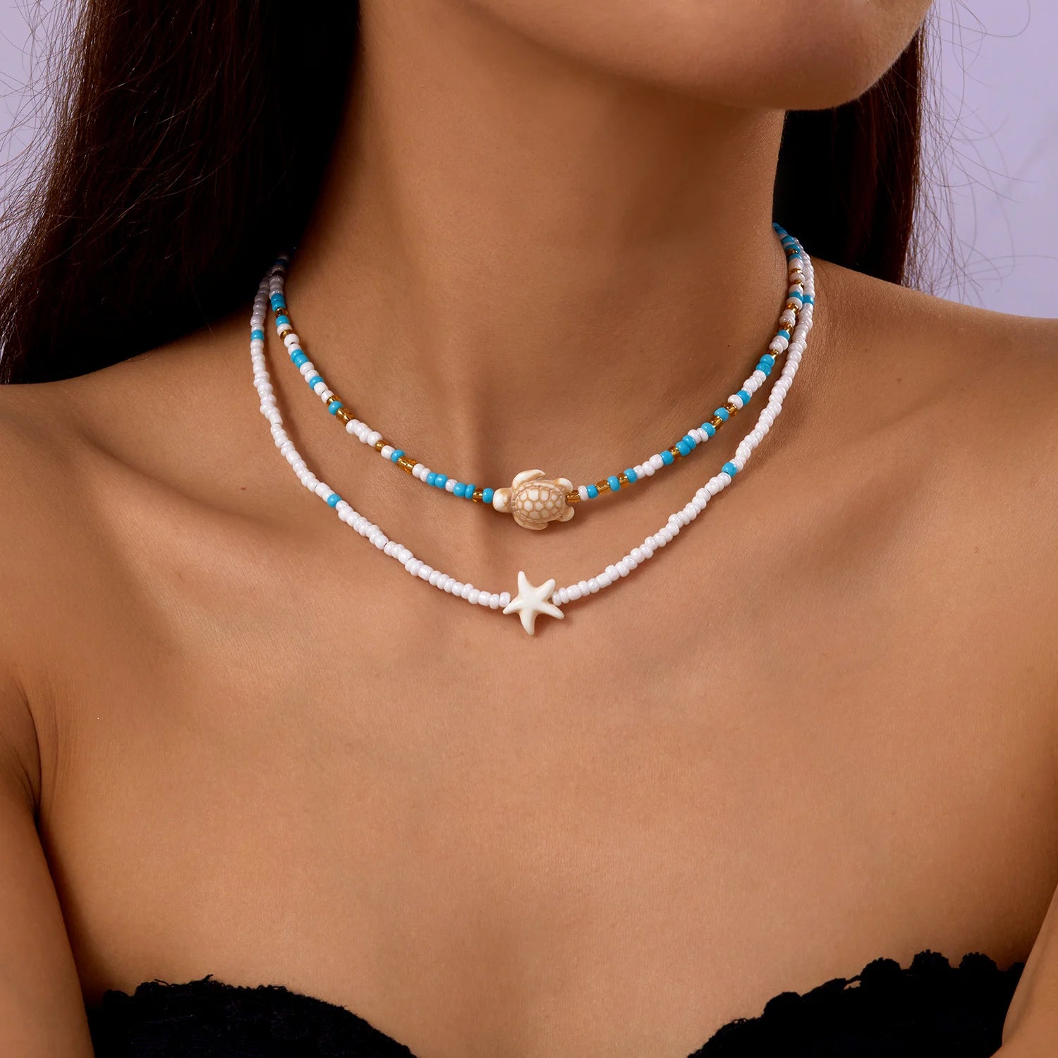 Bohemian Double Rice Bead Chain Clavicle Necklace for Women