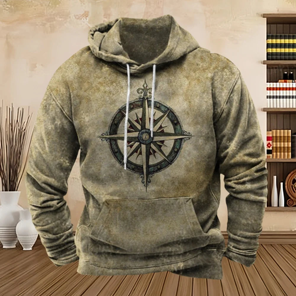 Vintage Compass Graphic Hoodies for Men Long Sleeve Pullover Sweatshirt Tops Full Print Vintage Hoodie Streetwear Men's Clothing