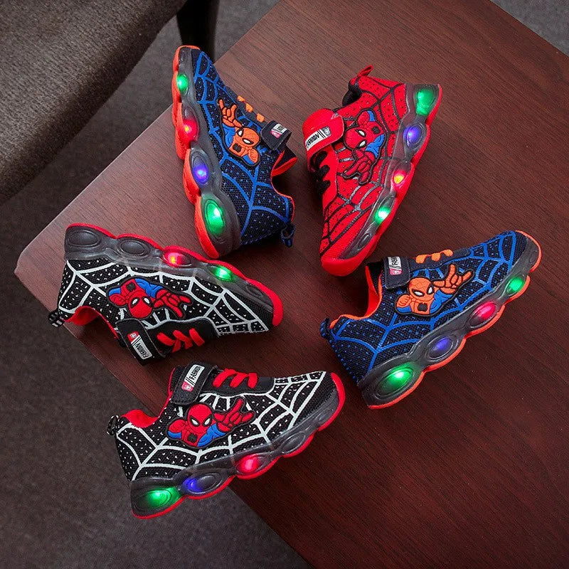 2024 Summer Spiderman Kids Sneakers Disney Children's Led Light Shoes  Boys Breathable Sport Casual Shoes Anti-slip Girls Shoes
