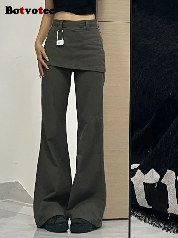 Botvotee Streetwear Fake Two-Piece Plus size Wide Leg Jeans for Women 2025 New Y2k Fashion High Waisted Flare Denim Pants