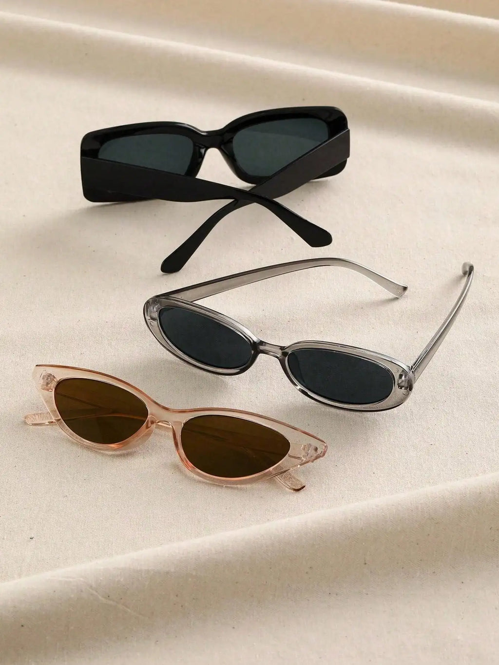 3PCS Unisex Cat Eye&Round&Square Plastic Frame Fashion Sunglasses For Outdoor Travel Hiking