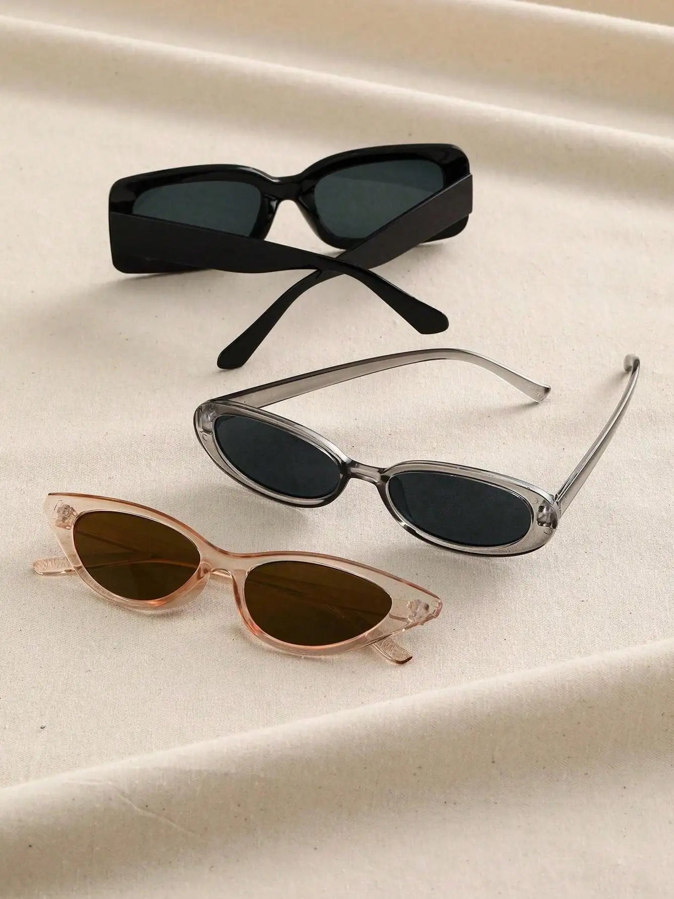 3PCS Unisex Cat Eye&Round&Square Plastic Frame Fashion Sunglasses For Outdoor Travel Hiking