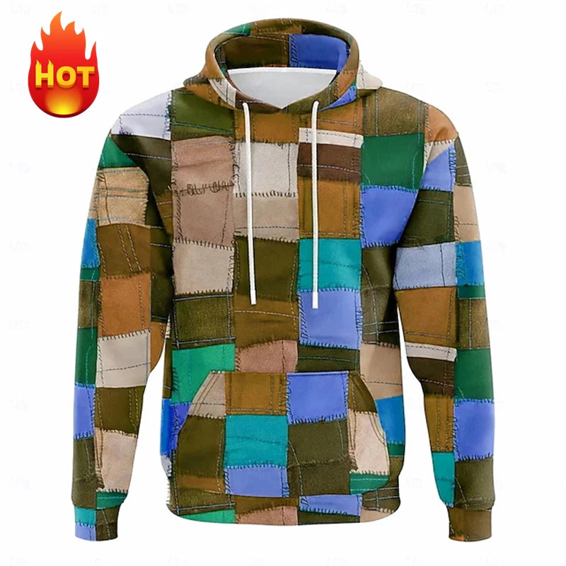 Y2K Men's Hoodie 3d Simulation Stitching Plaid Print Hooded Sweatshirts Pop Men Clothing Oversized Street New Designer Pullovers