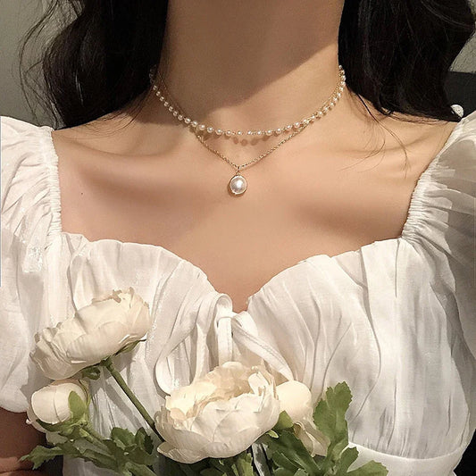 Pearl Choker Necklace Cute Double Layer Chain Pendant For Women