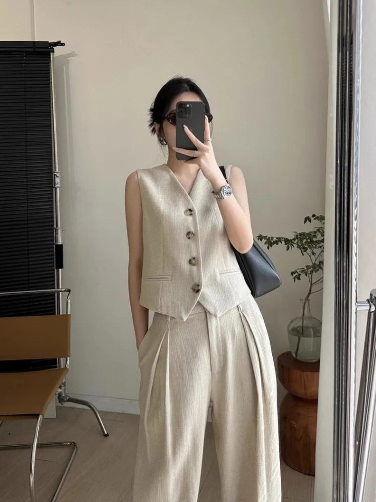Women Casual Weaving Linen Sleeveless Sets