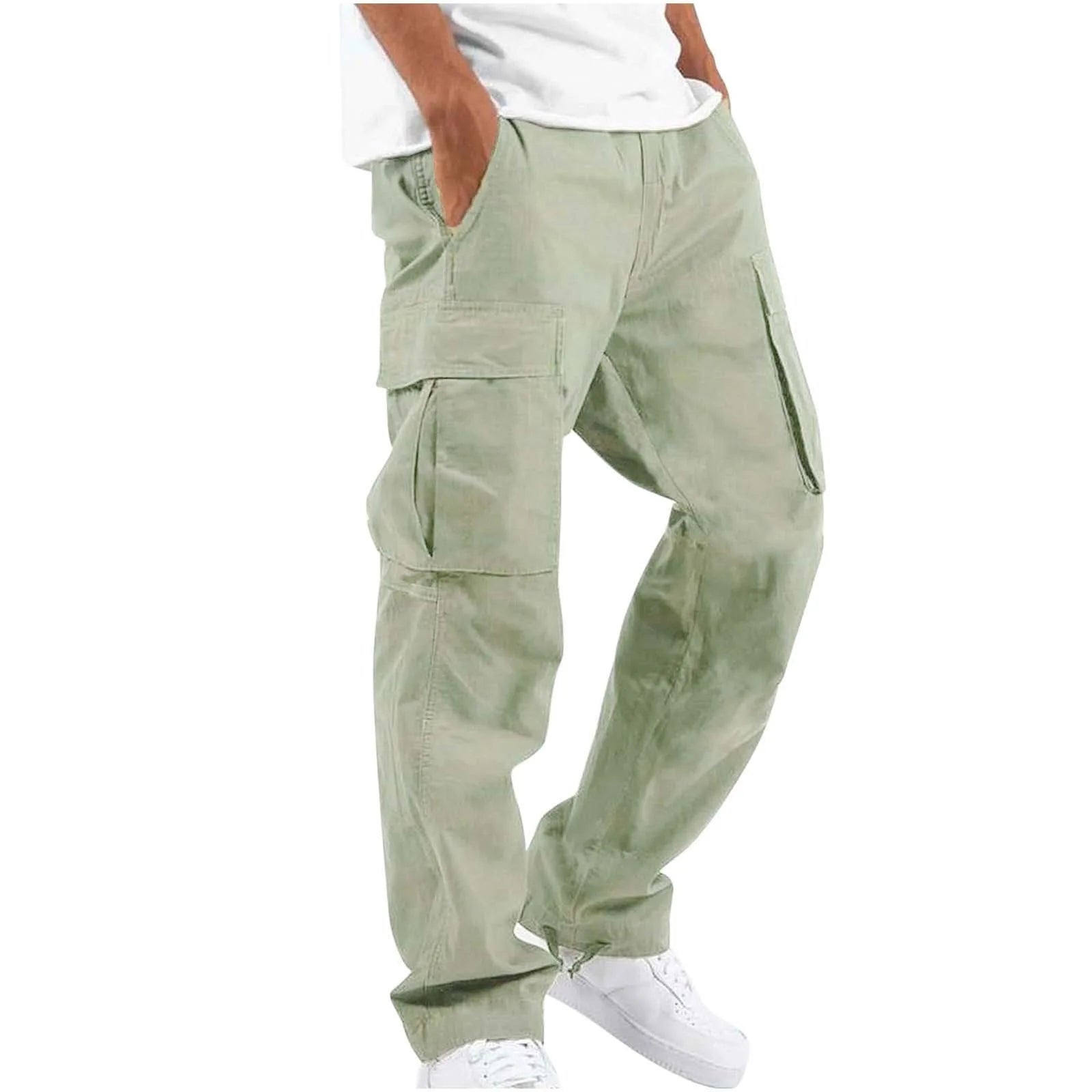 Cargo Pockets Casual Male High Elastic Waist Pocket Wide Leg Trousers