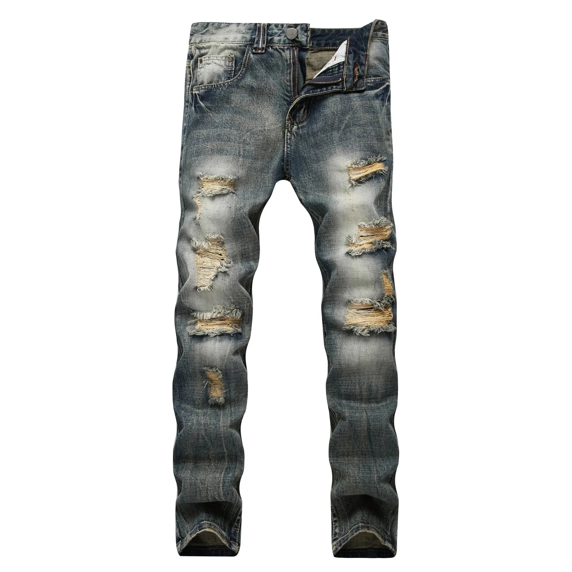 Cross-Border Men's Wear Ripped Straight-Leg Slim Fit Smooths Your Silhouette No Stretch Jeans Light-Colored Denim Trousers Amazo