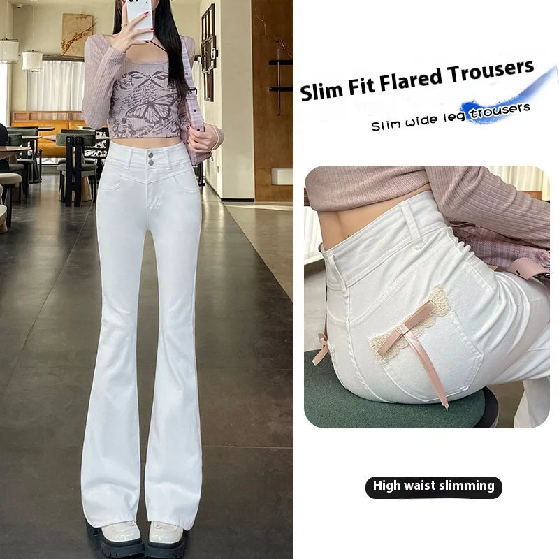 Women's New Slim Jeans Stretch Spice Girls Bow Lace Splicing Micro Jeans Female Slim High Waist Thin Horseshoe Pants Jeans