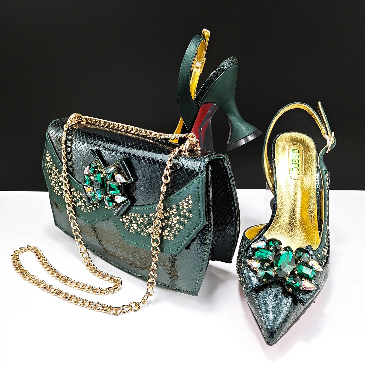 Ladies Wine Color Crystal Heels And Bag Three-Dimensional Capacity Bag & Shoes