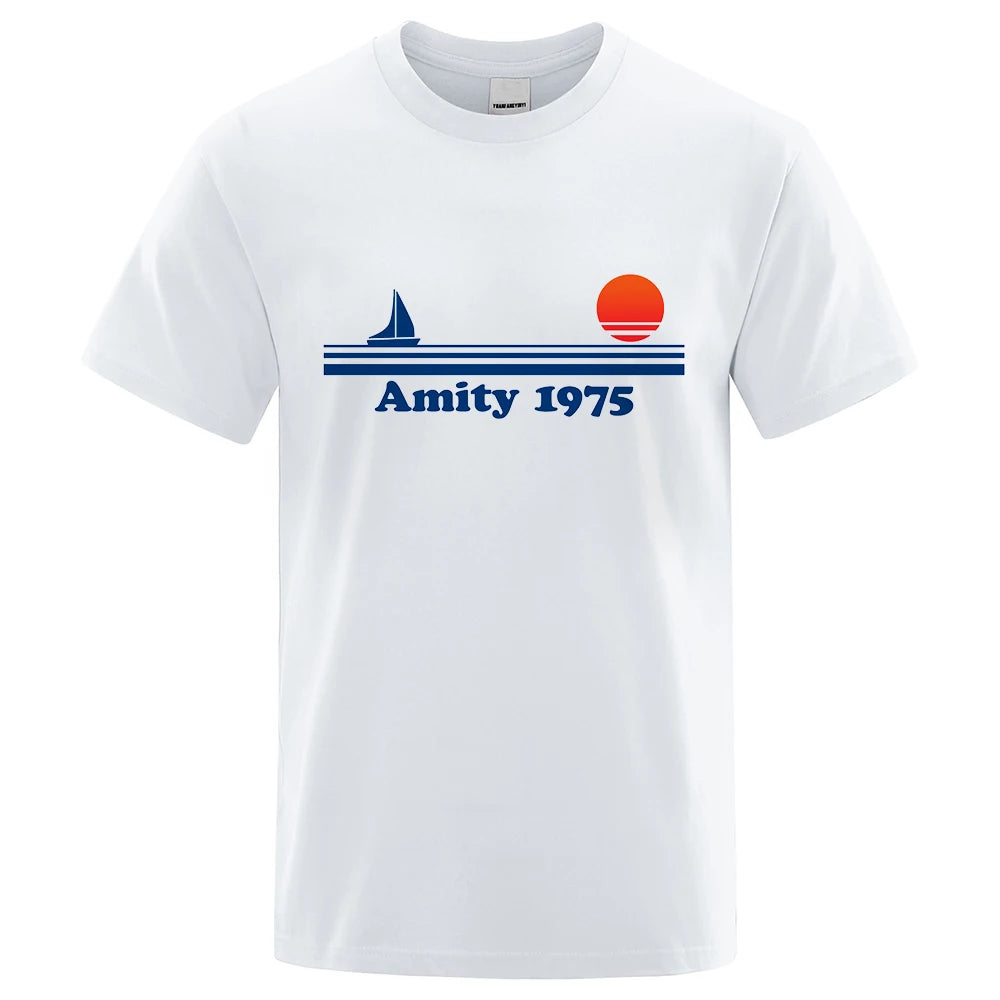 Amity 1975 - Jaws Retro Print Tshirt Men Creativity Sweat Clothing Fashion Tee Clothes T Shirts Breathable Cotton T-Shirts Man