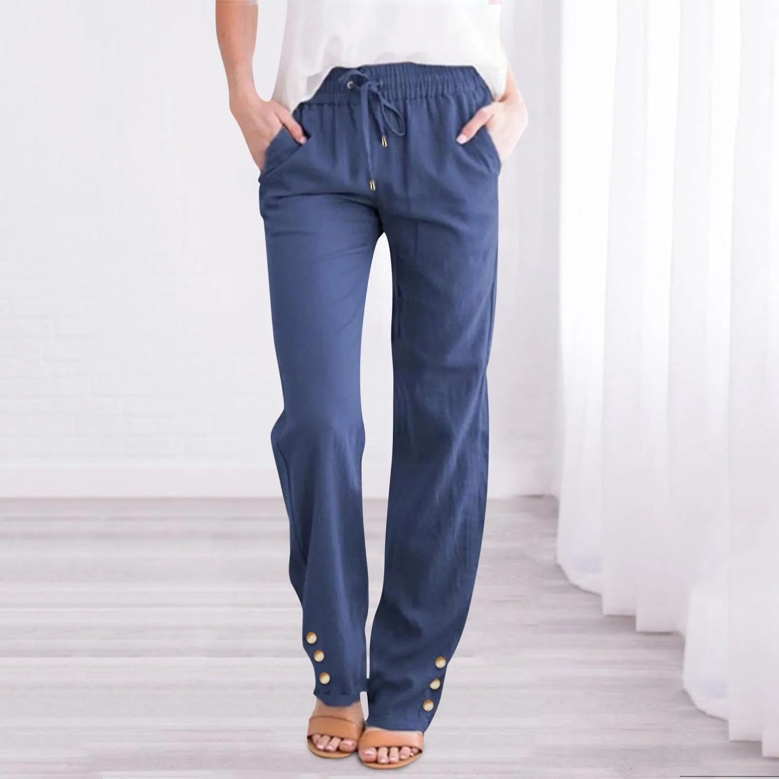 Women'S Fashionable Pants Casual Summer New Straight Trousers Solid Color Casual Slim-Fit With Pockets Buttoned Daily Pants