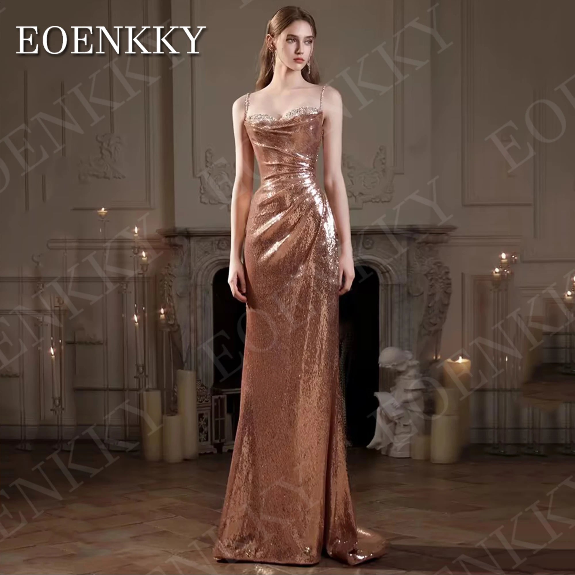 Long Mermaid Evening Dresses Glitter Sequin Spaghetti Strap