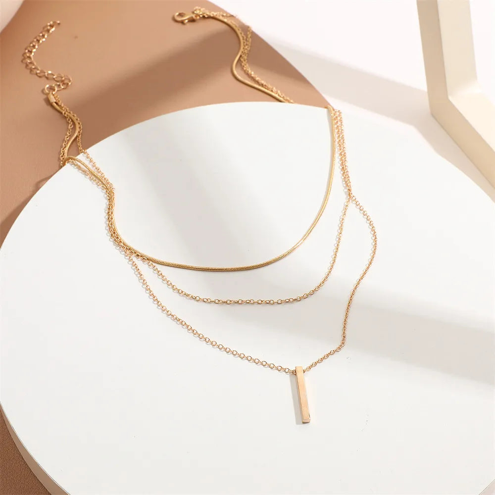 Vintage Layered Metal Bar Pendant Necklace for Women