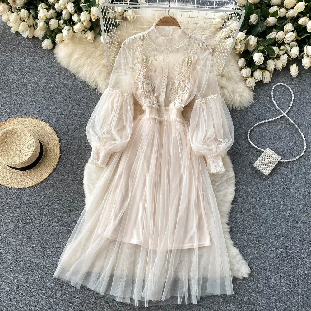 Three-dimensional Flower High Waist Slim Female Dresses