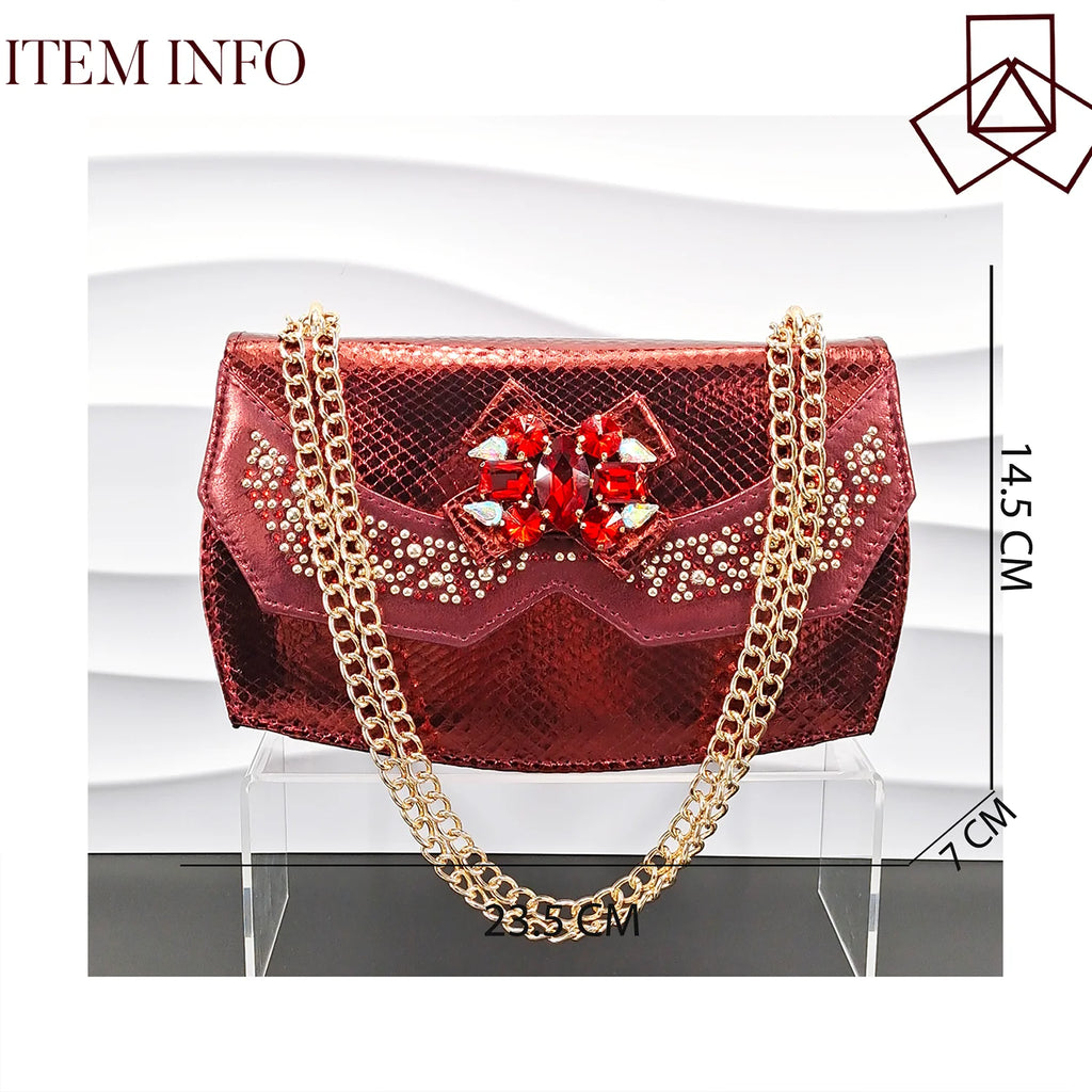 Ladies Wine Color Crystal Heels And Bag Three-Dimensional Capacity Bag & Shoes
