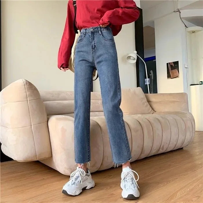 High Waist Elastic Denim Jeans Women's Loose Straight Slimming Student Versatile Small Size Nine Tube Pants Trendy