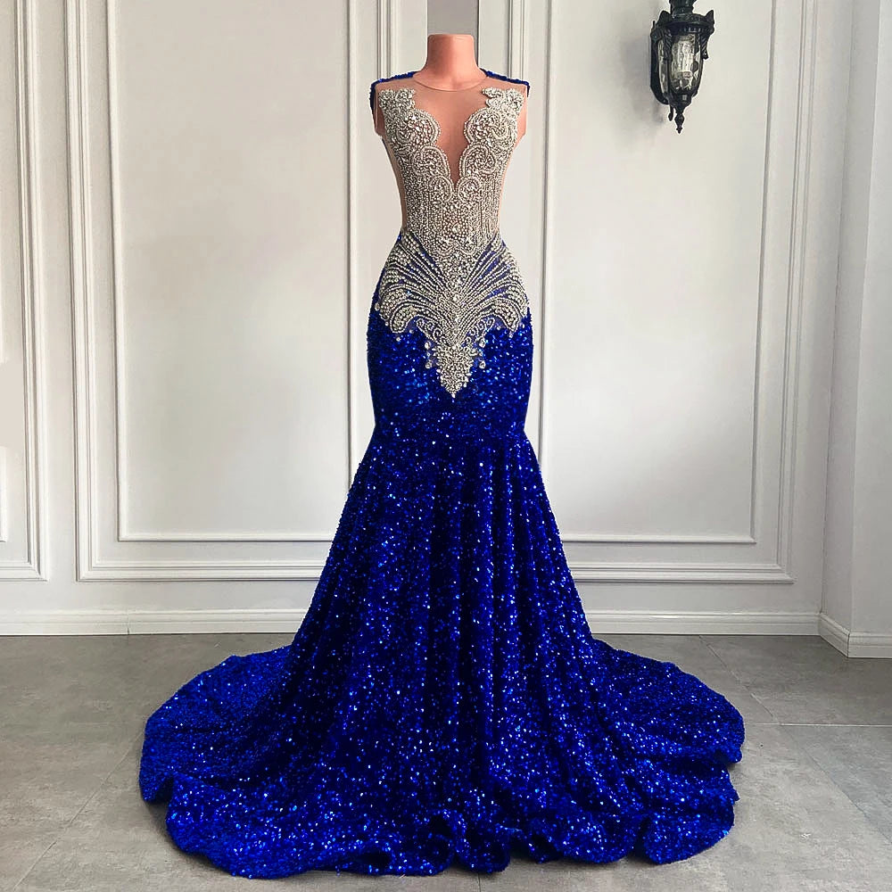 Sexy Long Sparkly Prom Dresses 2025 Sheer O-neck Luxury Silver Crystals Diamond Sequin Mermaid Black Girl Prom Party Gowns