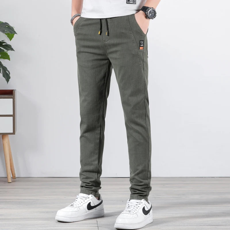 Spring Summer Men Casual Pants Elastic Waist Design Straight Slim Trousers Korean Trendy Stretch Male Pants Brand Clothing
