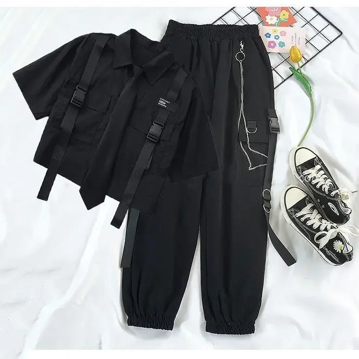 Cargo Pants with Chain 2 Piece Sets White Black Harajuku Shirt