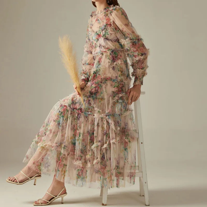 Women's Tide Long Sleeve Skirts Floral Organza Pleated
