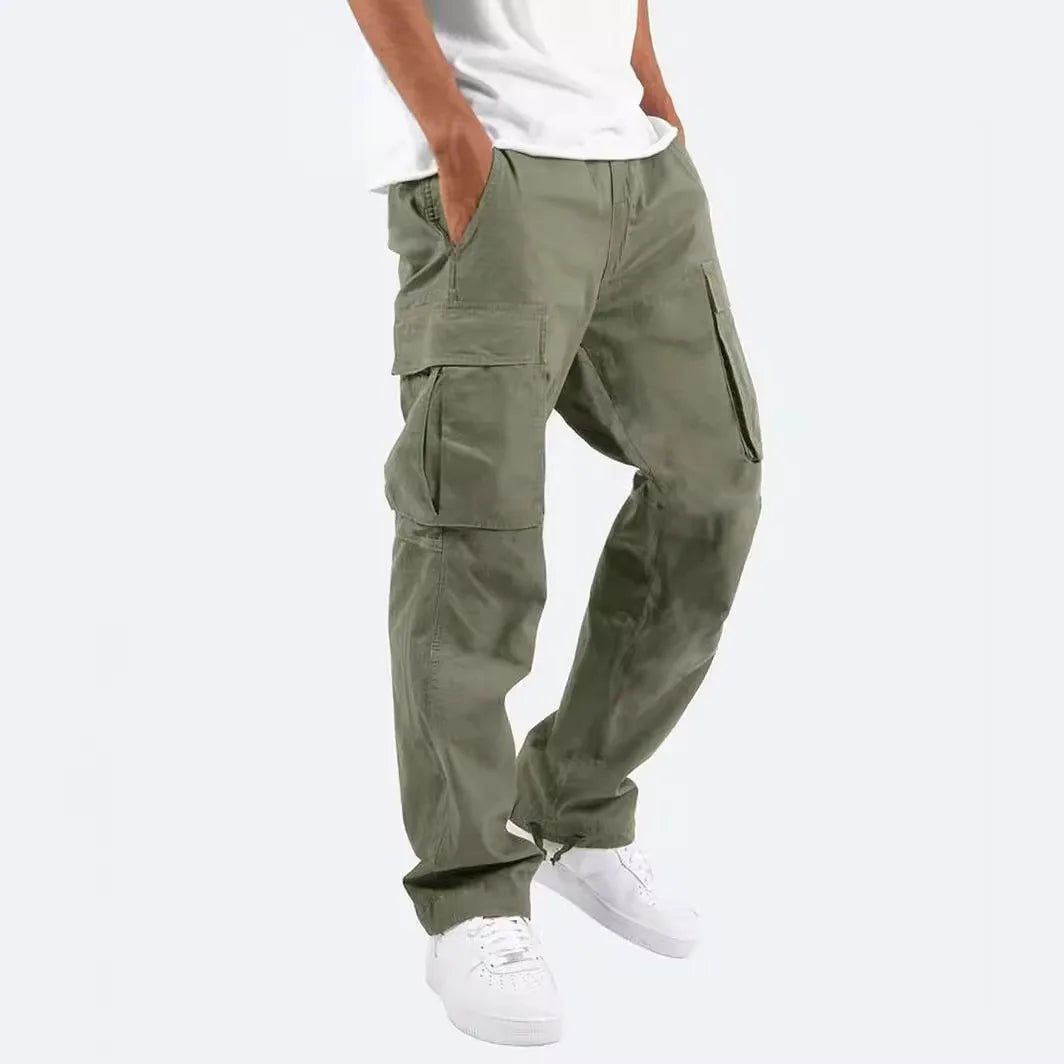 Cargo Pockets Casual Male High Elastic Waist Pocket Wide Leg Trousers