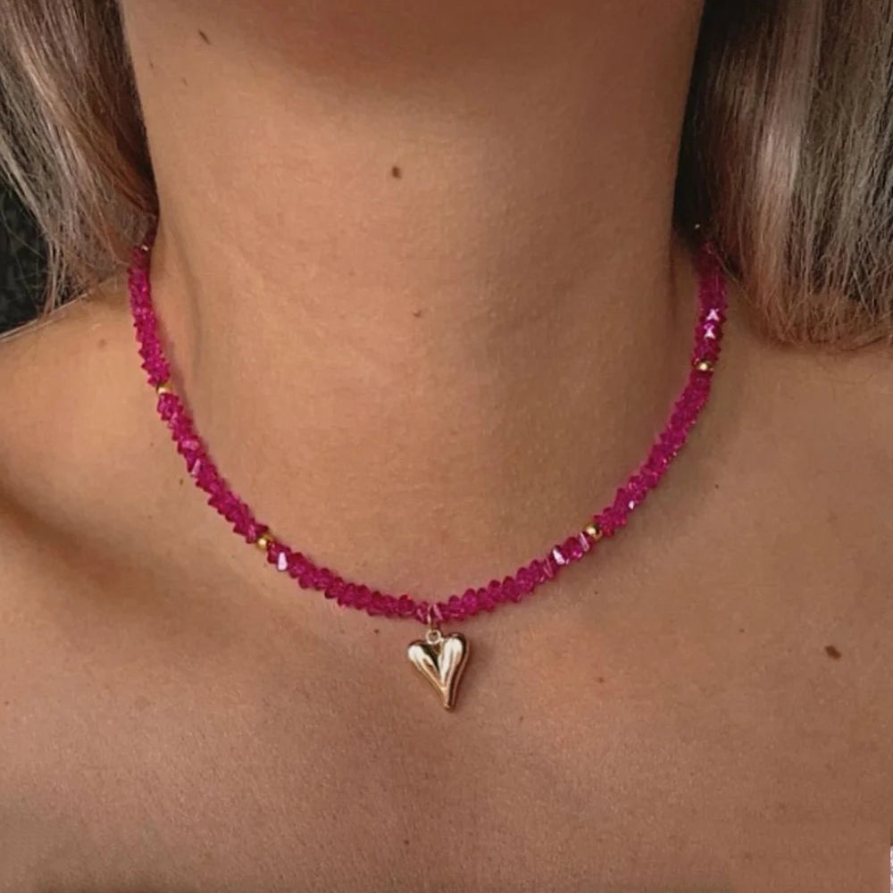 Vintage Zircon Crystal Heart Pendant Transparent Crystal Chain Necklace for Women
