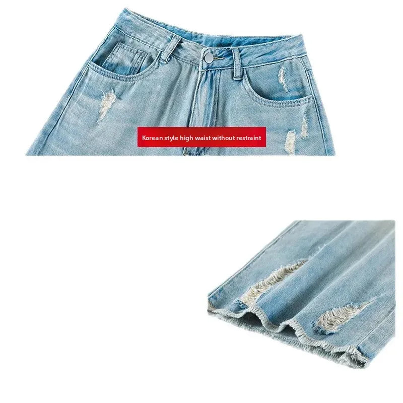 Retro Hole Straight Leg Denim Jeans Women Summer High Waist Loose Slim Small Size Summer Clothes Nostalgic Wide Leg Pants